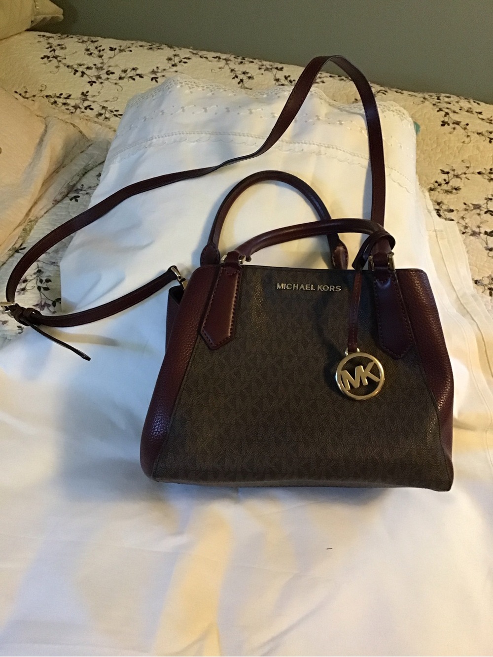 Michael Kors Brown Logo Satchel with Burgundy Trim
